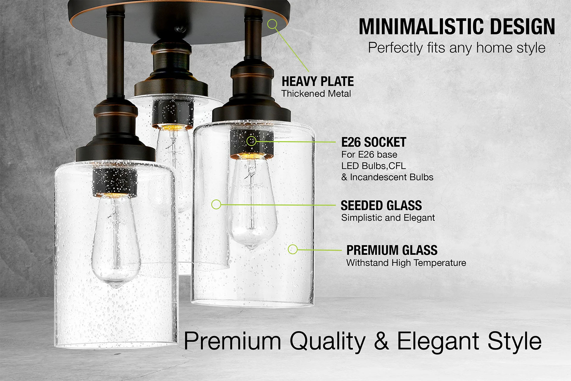 QPlus Trilogy Semi Flush Mount Ceiling Light Hanging Metal, Seedy Glass Fixture with 3 E26 Bulb Base(图3)