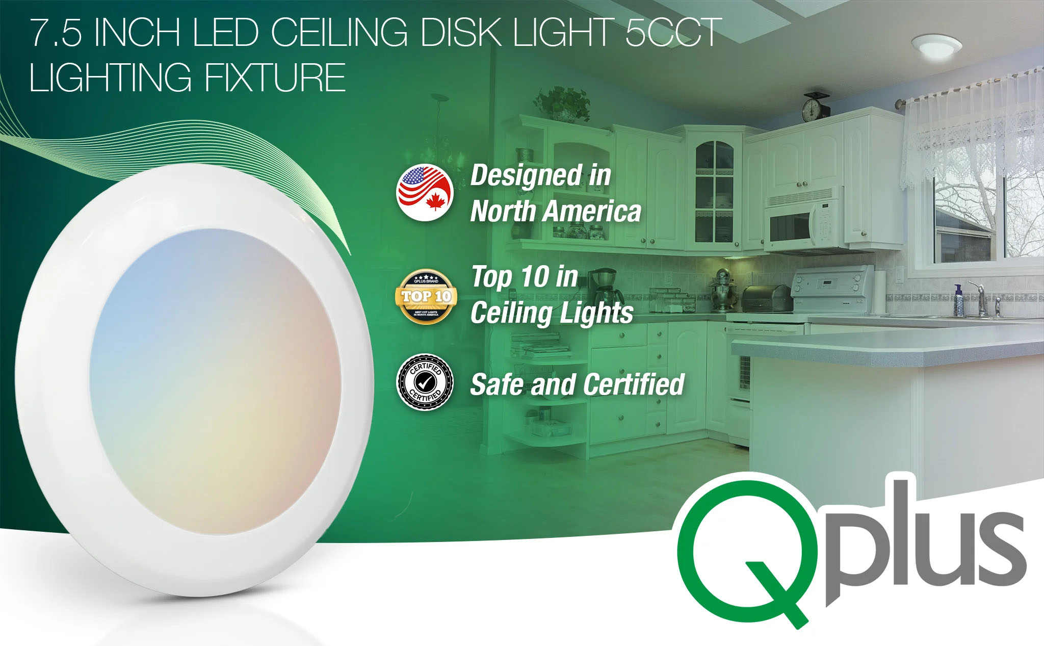 QPlus 7.5 Inch 5CCT Color Changing LED Dimmable Ceiling Disk Light 15W/1050 Lumens(图1)
