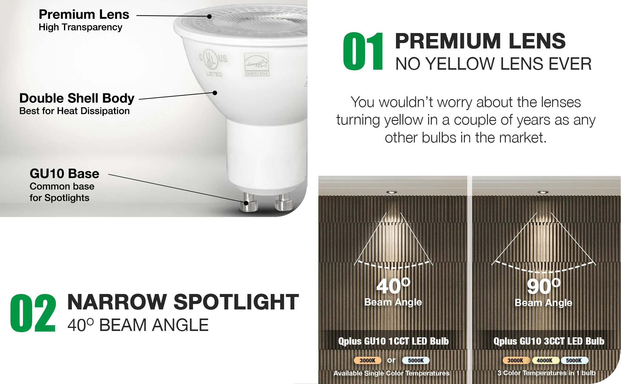 QPlus GU10 LED Track Light Bulb, 7W, 500LM,  Beam Angle 40°, Dimmable(图2)
