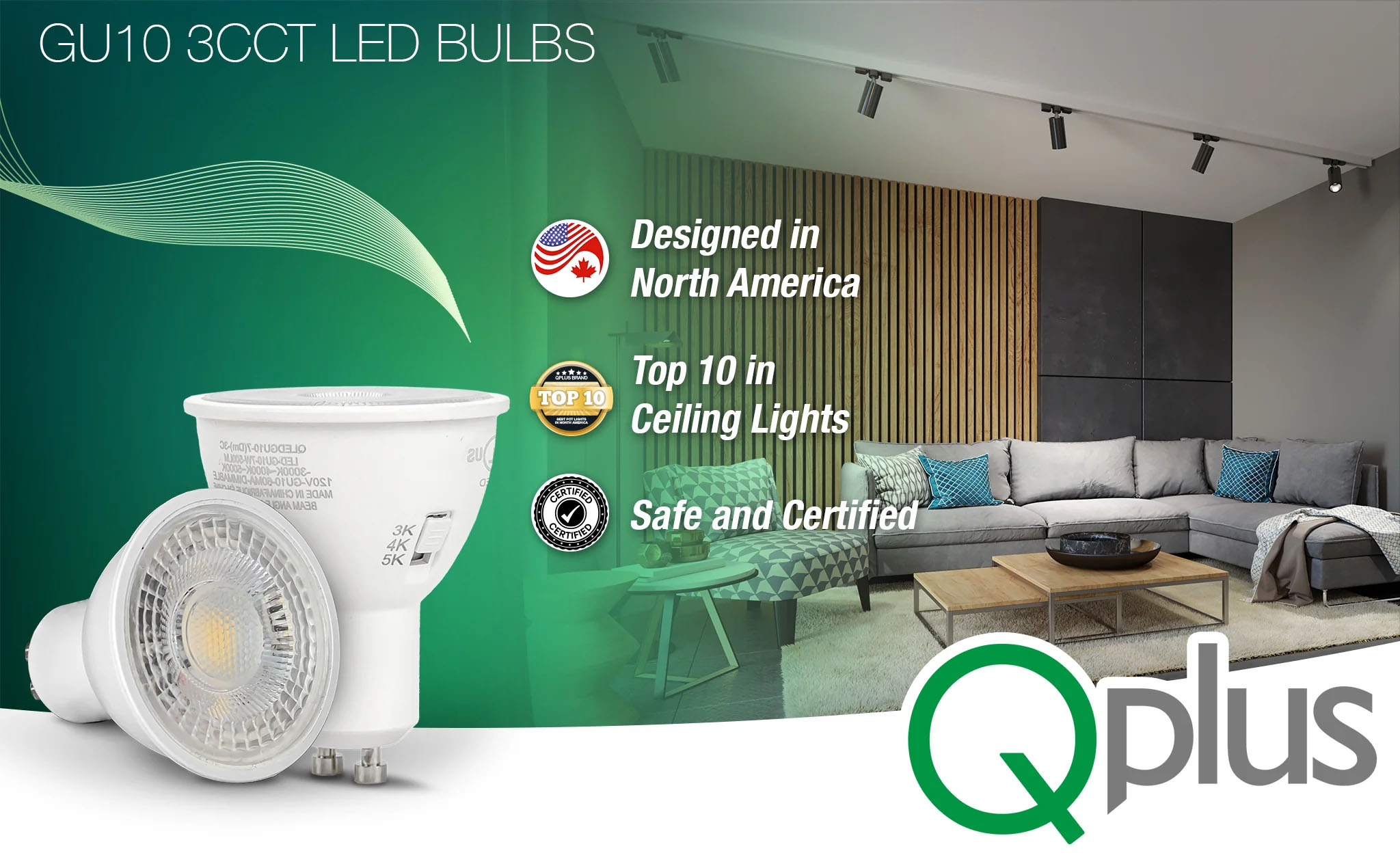 QPlus GU10 LED Track Light Bulb, 7W, 500LM, 3CCT, Dimmable(图1)