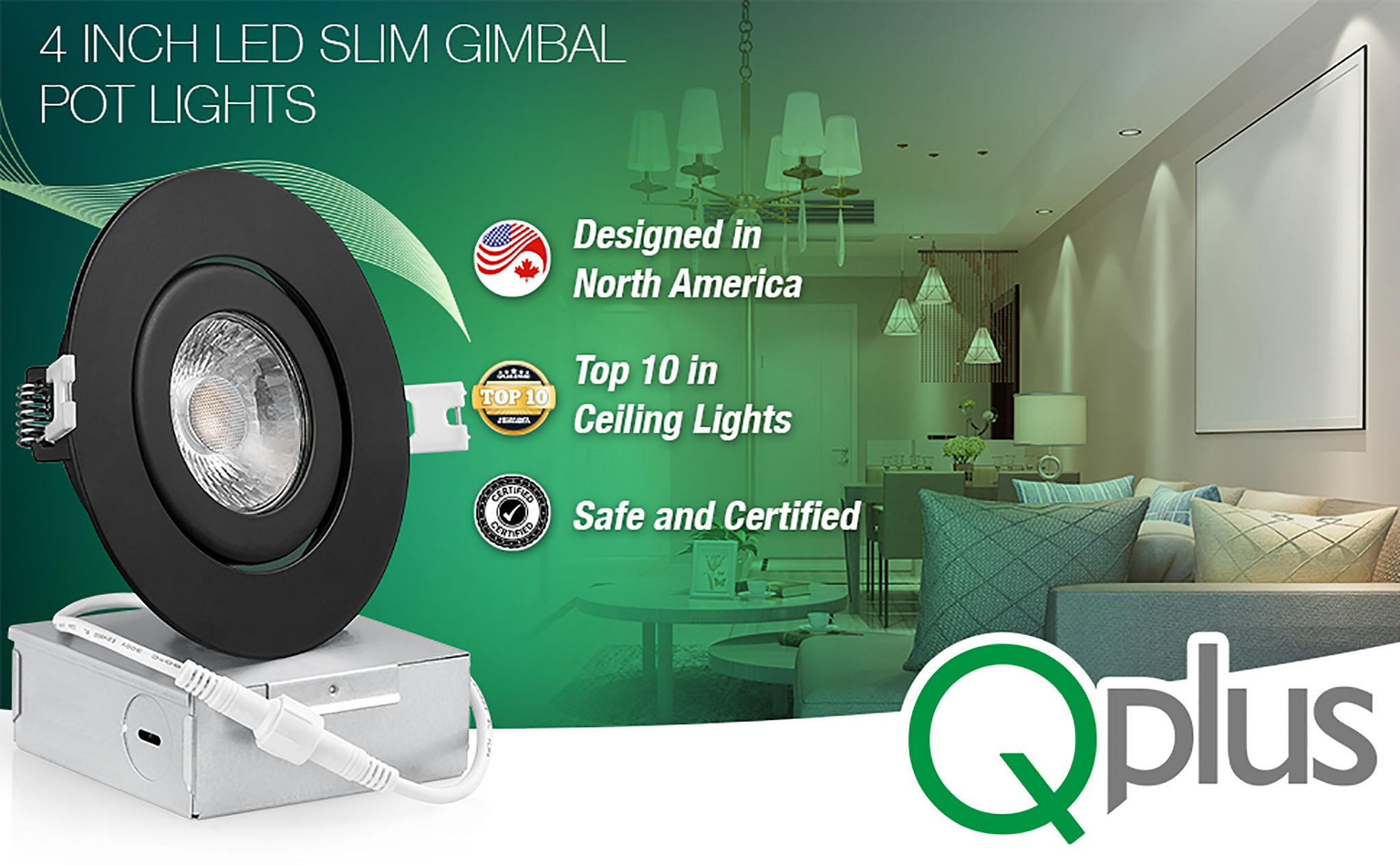 QPLUS 4 Inch LED Slim Gimbal, 10W, 750LM, 1CCT, Dimmable, Black(图1)