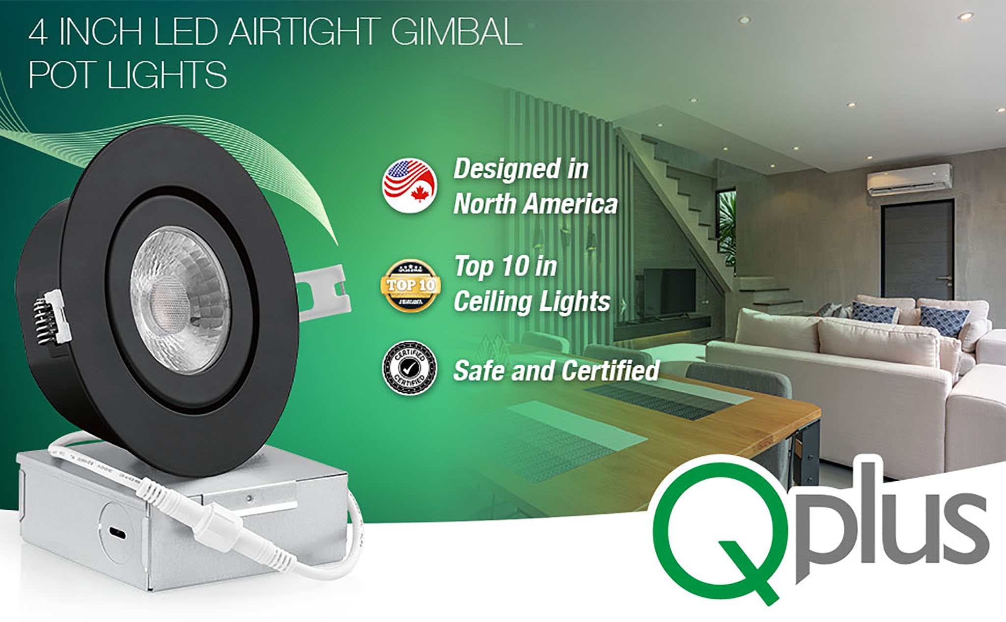 QPlus 4 Inch LED Airtight Slim Gimbal, 10W, 750LM, 1CCT, Dimmable, Black(图1)