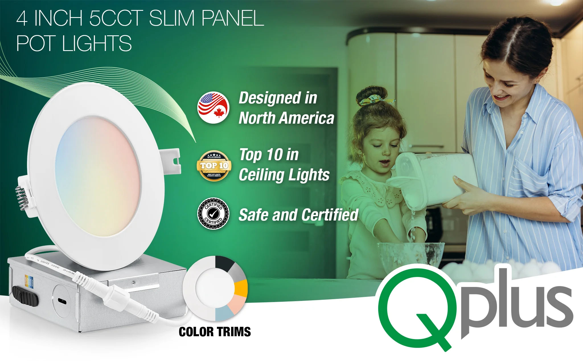 Qplus 4Inch Multicolor Temperature LED Slim Panel, 10W, 750LM, 5CCT, Dimmable, Wet Location(图1)